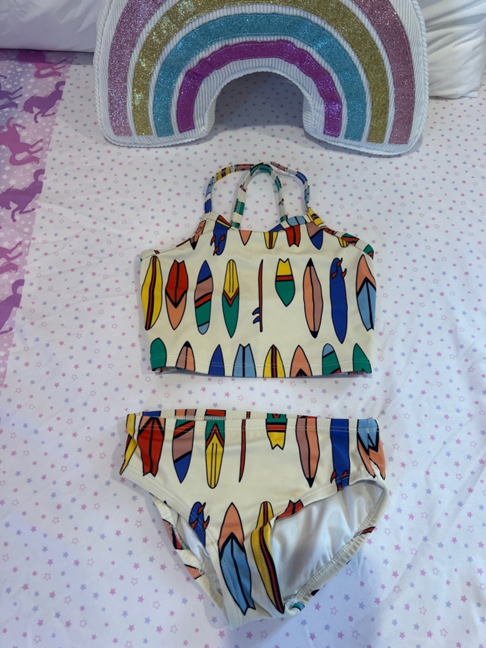 Hanna Andersson Cream Bikini Set with Multicolor Surfboard Print